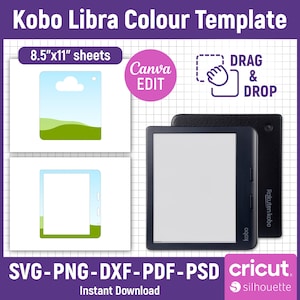 Może przedstawiać: Szablon Kobo Libra Colour na arkusze 21,6 cm x 27,9 cm, zawierający cyfrowe elementy projektowe dla czytników e-booków. Zawiera formaty plików SVG, PNG, DXF, PDF i PSD, opcje edycji w Canva oraz funkcję przeciągnij i upuść dla urządzeń Cricut i Silhouette.