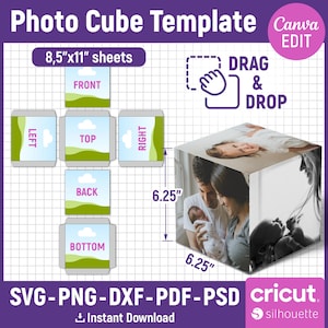 Fotowürfel Vorlage, Benutzerdefinierte Fotowürfelbox, Fotokastenvorlage, 3D Würfelvorlage, Fotowürfelbox, Speicher-Fotowürfel, Box svg, Canva bearbeitbar