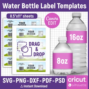 8oz, 16oz Water Bottle Label Blank Template, Water Bottle Label Template, DIY Label Template, Water Bottle Sticker, Party Favors, Canva Edit