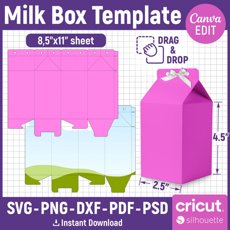 May include: A printable template for a milk carton box. The template is pink and has a dotted line design. The template is 8.5 inches by 11 inches and can be used to create a box that is 4.5 inches tall and 2.5 inches wide. The template is labeled "Milk Box Template" and "Canva EDIT".