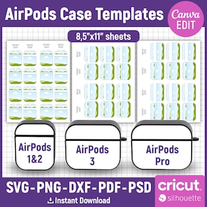 May include: Three different AirPods case templates featuring a green, blue and white landscape design. The templates are for AirPods 1 & 2, AirPods 3 and AirPods Pro. The text "8.5"x11" sheets" is at the top of the image. The text "SVG-PNG-DXF-PDF-PSD" is at the bottom of the image.
