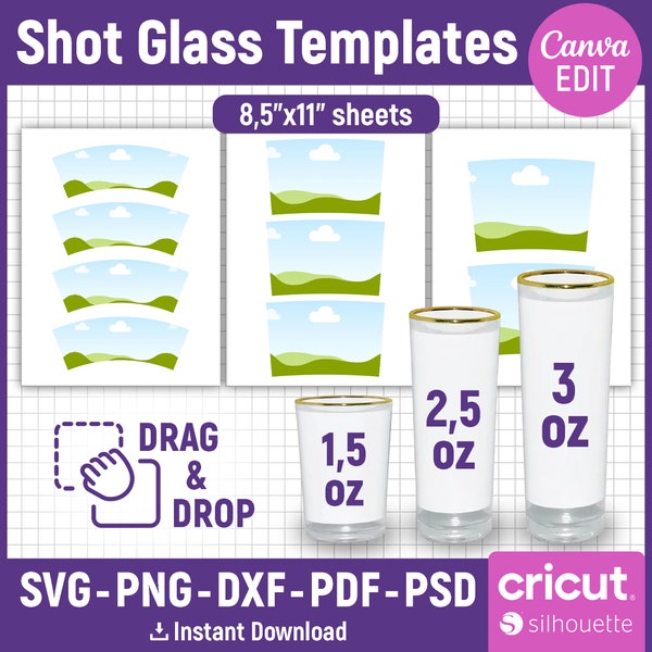 Shot Glass Template Bundle, 1.5oz, 2.5oz, 3oz Shot Glass Wrapper, Shot Glass Svg, Shot Glass Favors, Glass Template Sublimation, Canva Edit