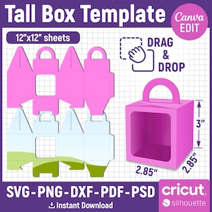 3&quot; Tall Box Template, Tall Box Svg, Box with Handle Template, Gift Box, Treat Box, Window Box, Tall Gable Box, Party Favor, Canva Editable