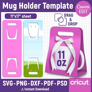 May include: A pink mug holder template with a white ribbon and a white mug graphic that says "11 OZ". The template includes cutouts for mugs and the text "11"x17" sheet". The design is for instant download.