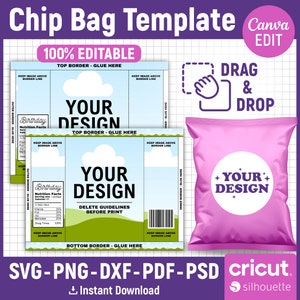 Modello borsa per patatine, borsa per patatine vuota, etichetta borsa per patatine, borsa per patatine, borsa per patatine modificabile, bomboniera stampabile, personalizzabile, SVG, modifica Canva