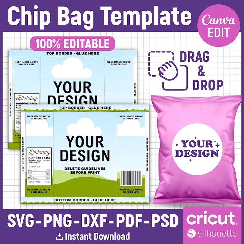 May include: A pink chip bag template with the text "YOUR DESIGN" in a white circle. The template is editable and includes instructions for adding your own design. The text "DRAG & DROP" is also included in the image.