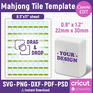 May include: A purple graphic with the text "Mahjong Tile Template" and "Canva EDIT". It includes a template sheet with 8.5" x 11" dimensions and a 22mm x 30mm mahjong tile. The tile has "Your Design" text.