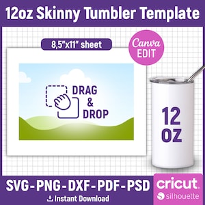 Pode incluir: Um modelo digital para um copo magro de 12 oz com um fundo de paisagem verde e azul. O modelo inclui uma área de arrastar e soltar para adicionar texto ou imagens. O modelo é compatível com Canva, Cricut e Silhouette.