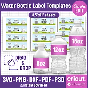 8oz, 12oz, 16oz Water Bottle Label Template, Water Bottle Wrapper, Water Bottle Sticker, DIY Label Template, Packaging, Canva Editable