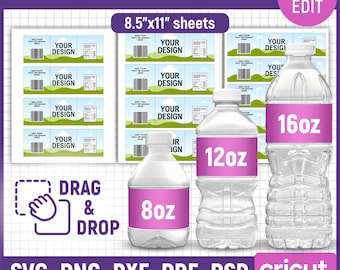 8oz, 12oz, 16oz Water Bottle Label Template, Water Bottle Wrapper, Water Bottle Sticker, DIY Label Template, Packaging, Canva Editable