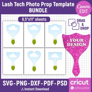 May include: A set of six printable photo booth prop templates featuring a cloud design with a green base. The templates are designed for 8.5 by 11 inch sheets and can be used with Cricut or Silhouette cutting machines. The text "DRAG & DROP" and "YOUR DESIGN" are visible on the image.