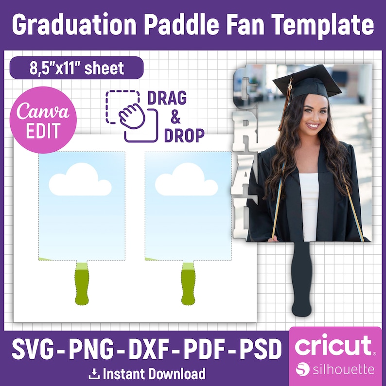 May include: A graduation paddle fan template with a design that includes a photo of a graduate. The template is 8.5" x 11" and includes the text "Graduation Paddle Fan Template", "Canva EDIT", "Drag & Drop", and "Instant Download".