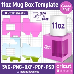 May include: Printable template for a 11oz mug box. The template includes a pink box with a window to display the mug, and a separate template for the box lid. The template is designed for 8.5" x 11" sheets of paper. The text "DRAG & DROP" is included in the image.