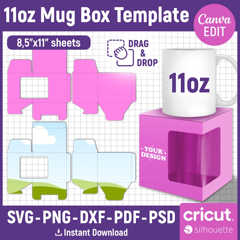 May include: Printable template for a 11oz mug box. The template includes a pink box with a window to display the mug, and a separate template for the box lid. The template is designed for 8.5" x 11" sheets of paper. The text "DRAG & DROP" is included in the image.