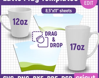 Plantilla de taza para latte de 12 oz a 17 oz, plantilla de taza para latte, plantilla de taza de sublimación, prensa para tazas, plantilla de taza SVG, plantilla de sublimación, Canva Edit