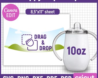 May include: A white 10oz sippy cup template with two handles. The template is designed for use with a cutting machine and includes a drag and drop area for adding designs. The template is available in SVG, PNG, DXF, PDF, and PSD formats.