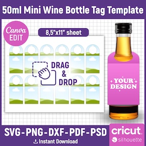 1,7 oz, 50 ml Mini wijnfles tag sjabloon, wijn cadeau tag sjabloon, wijn tag Svg, wijnfles gunst tags, afdrukbaar, png, psd, Canva bewerkbaar