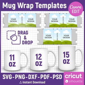 11 Unzen, 12 Unzen, 15 Unzen Bechervorlagen Set, Becher Vollverpackungsvorlage, Sublimationsbechervorlage, Becherpresse, Bechervorlage svg, dxf, png, Canva bearbeitbar