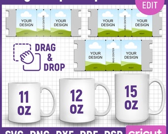 11oz, 12oz, 15oz Mug Template Set, Mug Full Wrap Template, Sublimation Mug Template, Mug Press, Mug Template Svg, dxf, png, Canva Editable