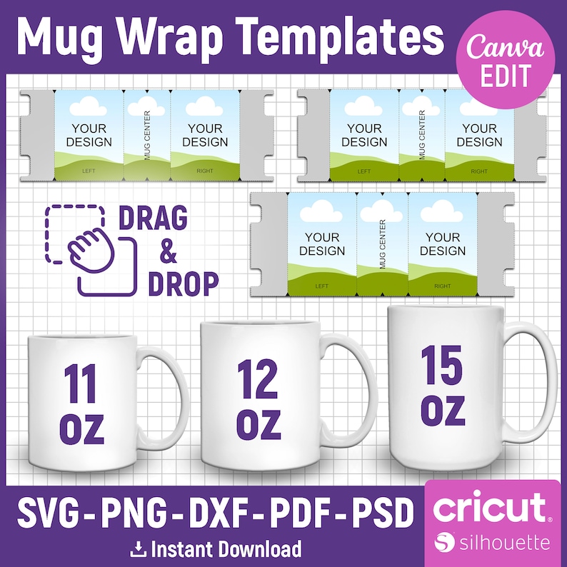 Juego de plantillas para tazas de 11 oz, 12 oz y 15 oz, plantilla para sublimación de tazas, plantilla para sublimación de tazas, prensa para tazas, plantillas para tazas en formato SVG, DXF y PNG, editables en Canva imagen 1