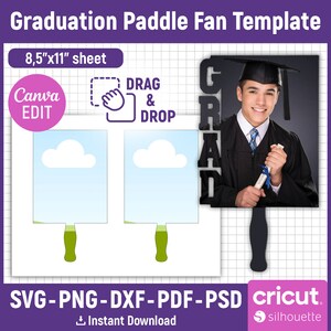 May include: A graduation paddle fan template with a design that includes a photo area, cloud graphic, and a handle. The template is 8.5" x 11" and is compatible with Canva. The design includes the text "GRAD" and is available in SVG, PNG, DXF, PDF, and PSD formats.