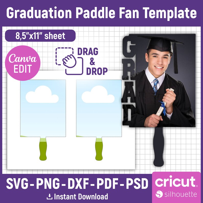 May include: A graduation paddle fan template with a design that includes a photo area, cloud graphic, and a handle. The template is 8.5" x 11" and is compatible with Canva. The design includes the text "GRAD" and is available in SVG, PNG, DXF, PDF, and PSD formats.