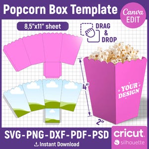 Peut inclure: Modèle imprimable pour une boîte à popcorn. Le modèle est rose et a un bord festonné. La boîte mesure 10 cm de haut et 5 cm de large. Le modèle est conçu pour être imprimé sur une feuille de papier de 21,6 cm par 27,9 cm. Le modèle comprend le texte "DRAG & DROP" et "YOUR DESIGN".