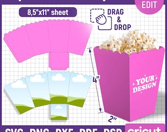 Plantilla de caja de palomitas de maíz, caja de palomitas de maíz Svg, caja de bocadillos Svg, caja de obsequios de fiesta, plantilla de caja de bocadillos, palomitas de maíz Svg, obsequios de fiesta, Canva editable