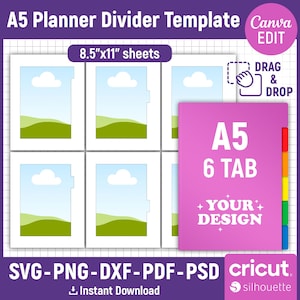 A5 Planner Divider Template, Binder Dividers Cut File, Notebook Disc Bound Divider, 6 Side Tab Divider, Nested Page Marker, Canva Editable