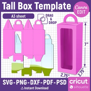7&quot; Tall Box Template, Tall Box Svg, Box with Handle Template, Gift Box, Treat Box, Window Box, Tall Gable Box, Party Favor, Canva Editable