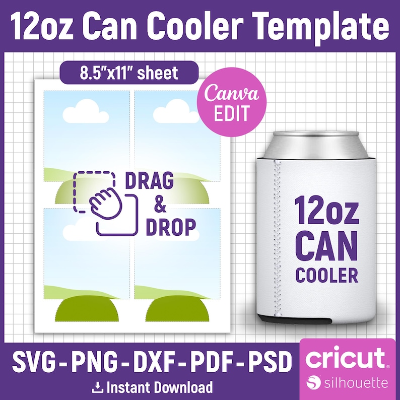 Plantilla para enfriador de latas de 12 oz y plantilla para enfriador de latas delgadas de 12 oz, plantilla para funda de enfriador de latas, plantilla para enfriador de cerveza, sublimación para soporte de latas, editable en Canva. imagen 2