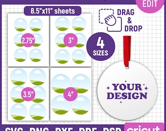 Pode incluir: Modelos de ornamentos redondos para folhas de 8,5 x 11 polegadas com quatro tamanhos: 2,75, 3, 3,5 e 4 polegadas. Inclui um ornamento circular branco com uma fita vermelha e o texto roxo Your Design. Compatível com Canva, SVG, PNG, DXF, PDF, PSD e Cricut.