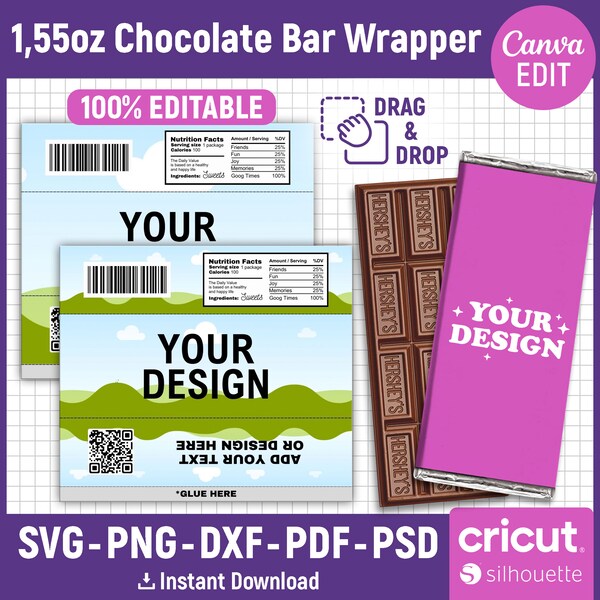 1.55oz Chocolate Bar Wrapper Template, Candy Bar Wrapper, Chocolate Wrapper Label Template, Nutritional Label, Party Favor, Canva Editable