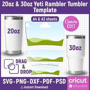 May include: A digital template for a 20 ounce and 30 ounce Yeti Rambler Tumbler. The template includes a design with a blue sky, white clouds, and green hills. The text "DRAG & DROP" is included on the template. The text "Canva EDIT" is also included on the template.