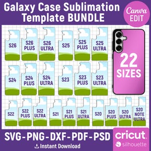 Könnte beinhalten: Ein digitales Vorlagenpaket für die Galaxy-Handyhüllen-Sublimation mit 22 Größen. Das Design umfasst SVG-, PNG-, DXF-, PDF- und PSD-Dateien. Das Bild zeigt eine rosa Handyhülle und verschiedene Hüllen-Vorlagen mit Modellnummern.