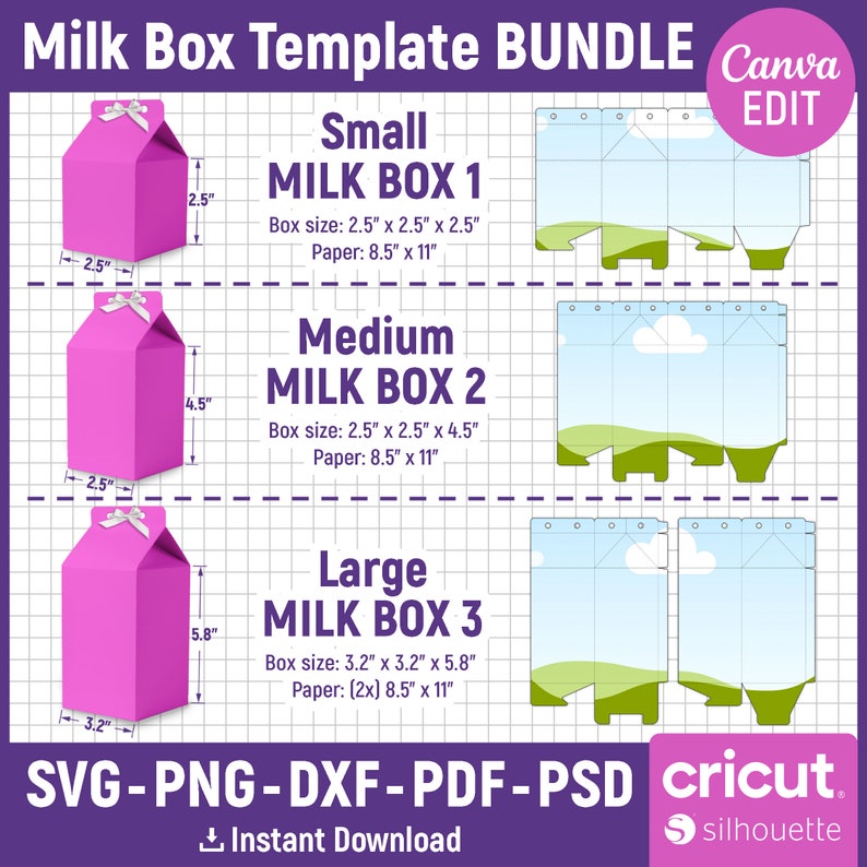 May include: A printable template bundle for creating milk carton boxes in three sizes: small, medium, and large. The template includes a milk carton design with a white ribbon and a green and blue landscape design. The template is compatible with Cricut and Silhouette cutting machines. The text "Milk Box Template Bundle" is at the top of the image. The text "Canva EDIT" is in the top right corner of the image. The text "SVG-PNG-DXF-PDF-PSD" is at the bottom of the image. The text "Instant Download" is below the text "SVG-PNG-DXF-PDF-PSD". The text "cricut." is in the bottom right corner of the image. The text "silhouette" is below the text "cricut."