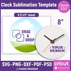 Könnte beinhalten: Weißes rundes Uhren-Template mit schwarzen Zeigern und einem roten Sekundenzeiger. Die Uhr hat einen Durchmesser von 20 cm und den Text "YOUR DESIGN". Das Bild enthält auch ein Designblatt mit "DRAG & DROP" Anweisungen.