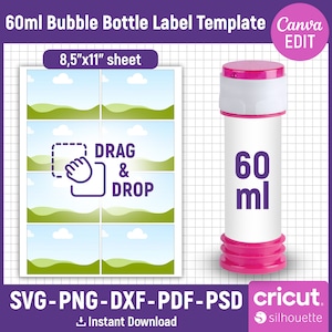 Modello etichetta bottiglia a bolle da 60 ml, etichetta bottiglia a bolle Svg, bomboniera per bambini, bottiglie a bolle per matrimoni, adesivo bottiglia a bolle, Canva modificabile