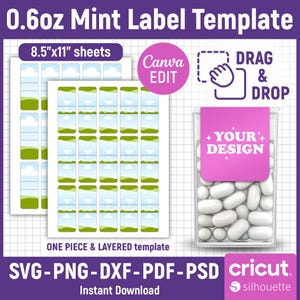 May include: A printable template for 0.6 ounce mint labels. The template features a green and blue design with clouds and grass. The template is designed to be used with Cricut and Silhouette cutting machines. The template is available as an SVG, PNG, DXF, PDF, and PSD file.
