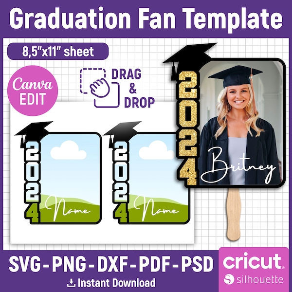 Grad Paddle Fan Template, Custom Grad Fan, Graduation Fan Template, Graduation Fan, Grad 2024, Graduation Cake Topper Template, Canva Edit