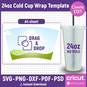 May include: A template for a 24 ounce cold cup wrap, with a green and blue landscape design. The template is designed to be used with a cutting machine, and includes instructions to drag and drop your design onto the template. The template is also compatible with Cricut and Silhouette cutting machines.