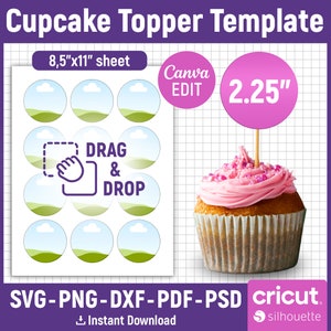 2.25 インチ カップケーキ トッパー テンプレート、バースデー ケーキ トッパー テンプレート、カップケーキ トッパー SVG、多目的円形レイヤー ラベル、Canva 編集可能