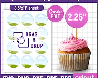Modèle de décoration de petit gâteau 2,25 pouces, modèle de décoration de gâteau d'anniversaire, Svg de décoration de petit gâteau, étiquettes en couches circulaires polyvalentes, éditables sur toile
