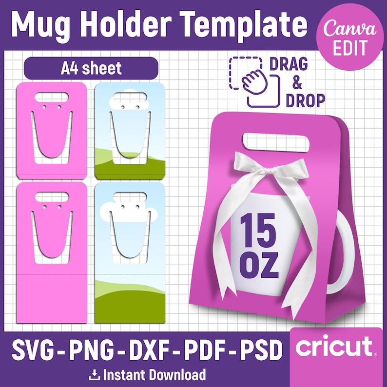 May include: A pink mug holder template with a white ribbon and a 443 ml mug graphic. The design includes bookmark templates and the text "Mug Holder Template", "Drag & Drop", and "Instant Download".