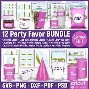 12 modelli di bomboniere BUNDLE, modello borsa per patatine, etichette per bottiglie d'acqua, involucro di barrette di cioccolato, modello lattina di patatine, bomboniere, Canva modificabile