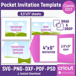 Pocketfold Vorlage, 4x6 Zoll Pocket Hochzeitseinladung Vorlage, Hochzeitseinladung mit Umschlag Vorlage, Printable, svg, Canva Editierbar