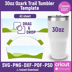 Pode incluir: Um copo branco de 850 ml com uma tampa prateada. O copo está sobre um fundo branco com um design verde e azul. O texto "30oz" está impresso no copo. O texto "DRAG & DROP" está sobre um fundo branco com um design verde e azul. O texto "Canva EDIT" está em uma caixa branca com um fundo roxo. O texto "SVG-PNG-DXF-PDF-PSD cricut. silhouette" está em uma caixa branca com um fundo roxo. O texto "Instant Download" está abaixo do texto "SVG-PNG-DXF-PDF-PSD cricut. silhouette".