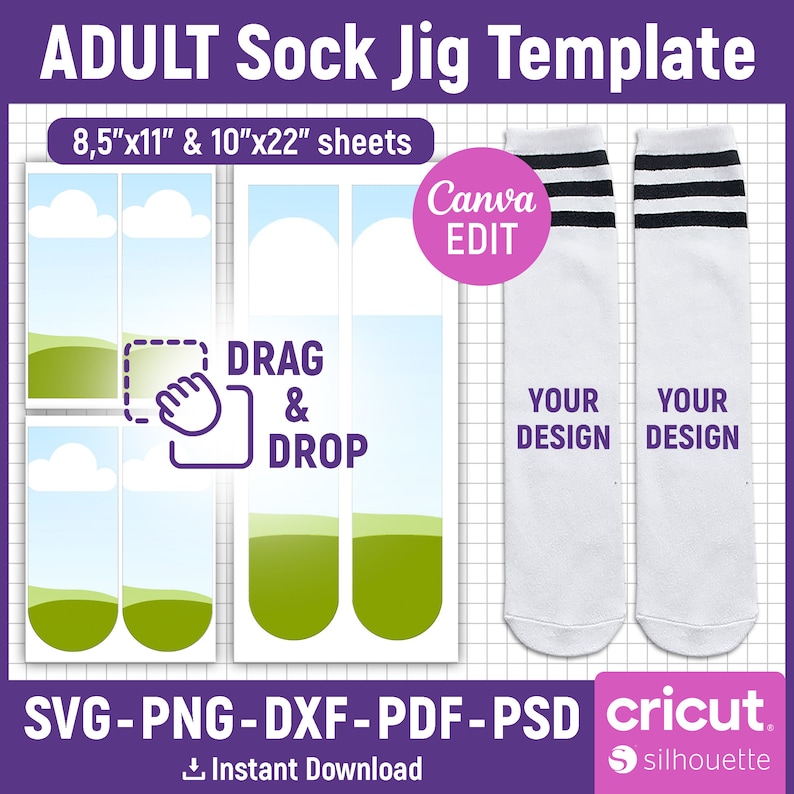 May include: A digital template for creating custom socks. The template includes two sock shapes with the text "Your Design" on each. The template also includes a section with four blank sock shapes with a green, blue, and white landscape design. The text "DRAG & DROP" is included in the template. The text "8.5"x11" & 10"x22" sheets" is also included in the template. The text "Canva EDIT" is included in the template. The text "SVG-PNG-DXF-PDF-PSD" is included in the template. The text "Instant Download" is included in the template. The text "cricut. silhouette" is included in the template.