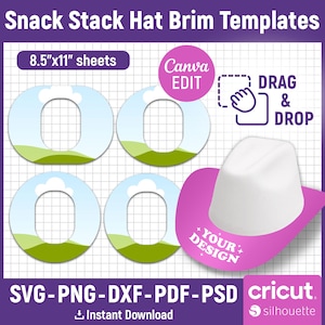 Könnte beinhalten: Digitales Design-Template für Hutkrempen, mit vier kreisförmigen Designs mit Himmel und Landschaft, einem weißen Cowboyhut und dem Text "Snack Stack Hat Brim Templates". Enthält SVG-, PNG-, DXF-, PDF- und PSD-Formate.