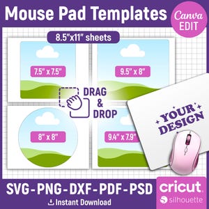 Puede incluir: Plantilla de diseño digital para alfombrillas de ratón, con varias formas y tamaños, incluyendo 19.05cm x 19.05cm, 20.32cm x 20.32cm, 24.13cm x 20.32cm y 23.88cm x 20.07cm. La imagen incluye un ratón rosa y el texto "YOUR DESIGN". El diseño es para Cricut y Silhouette.